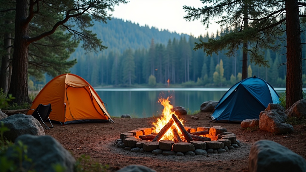 A peaceful, scenic family campsite surrounded by forest and a glassy lake, tents set up in the background and a cozy campfire ring in front.